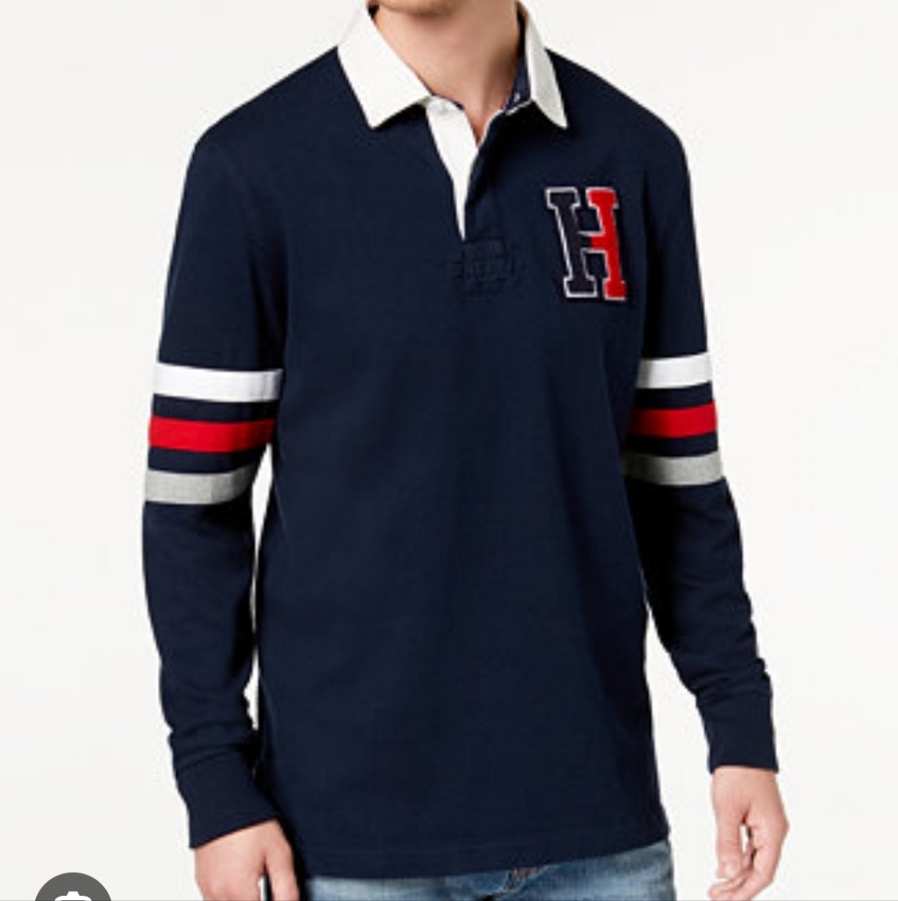 Tommy Hilfiger Kunitz Men's Navy Cotton Logo Rugby Shirt Size Large